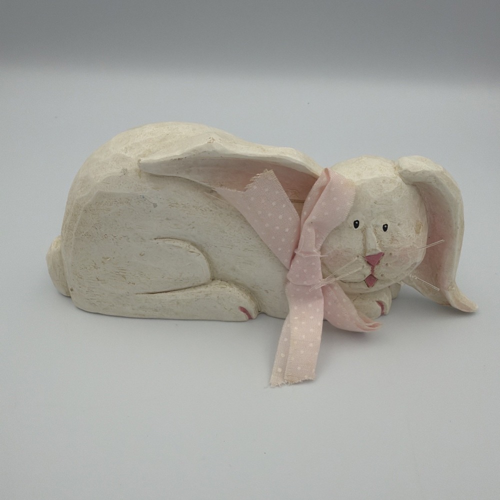 Hand-Painted Carved Wooden Rabbit Bunny Figurine with Pink Bow